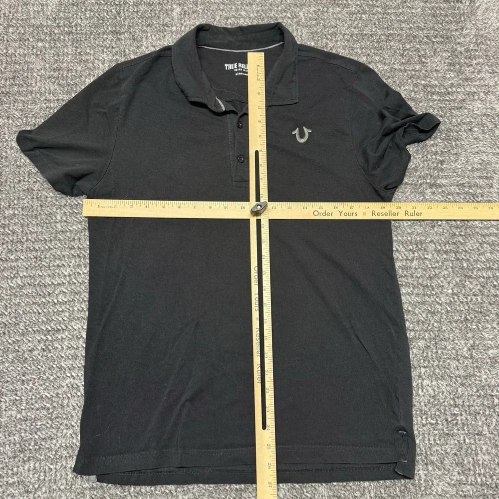 True Religion Polo Shirt Mens Medium Black Collared‎ Ribbed Cuffs Short Sleeve